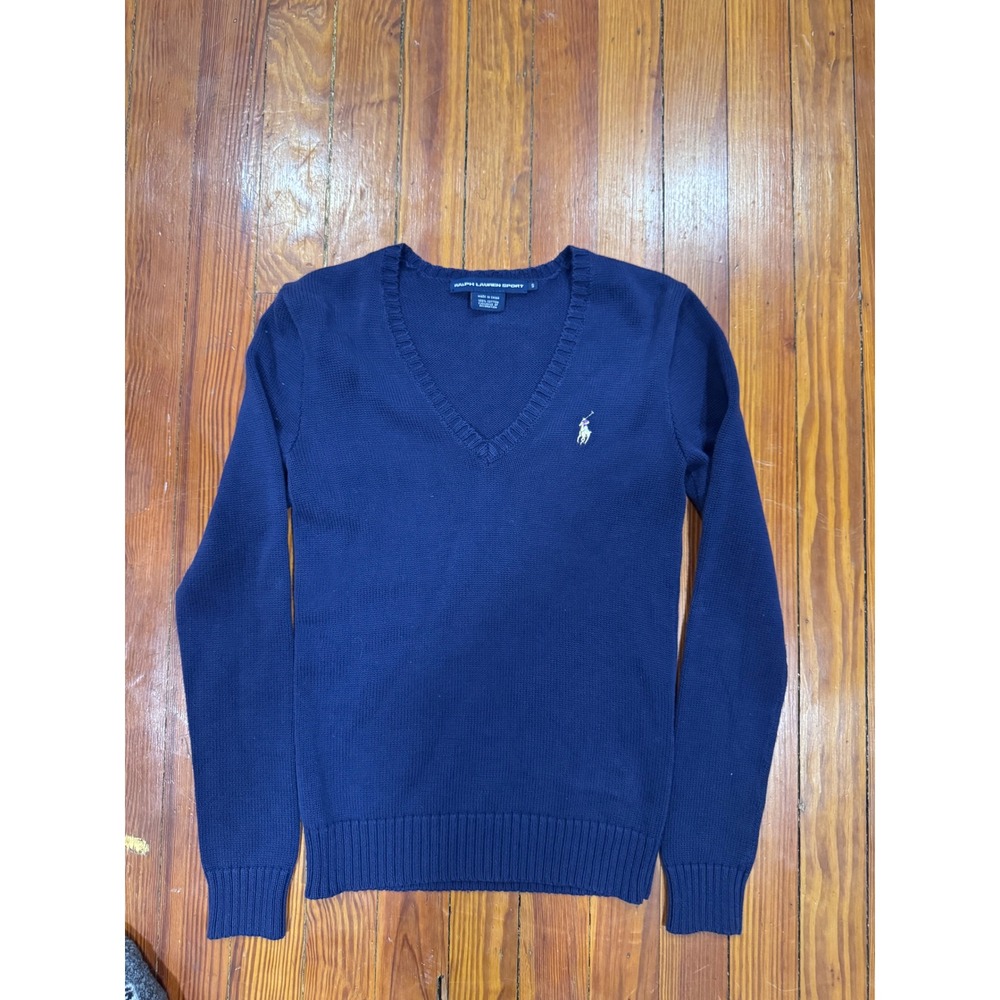 Ralph Lauren Sport Navy Blue V-Neck Cotton Knit Sweater Womens Small Pullover